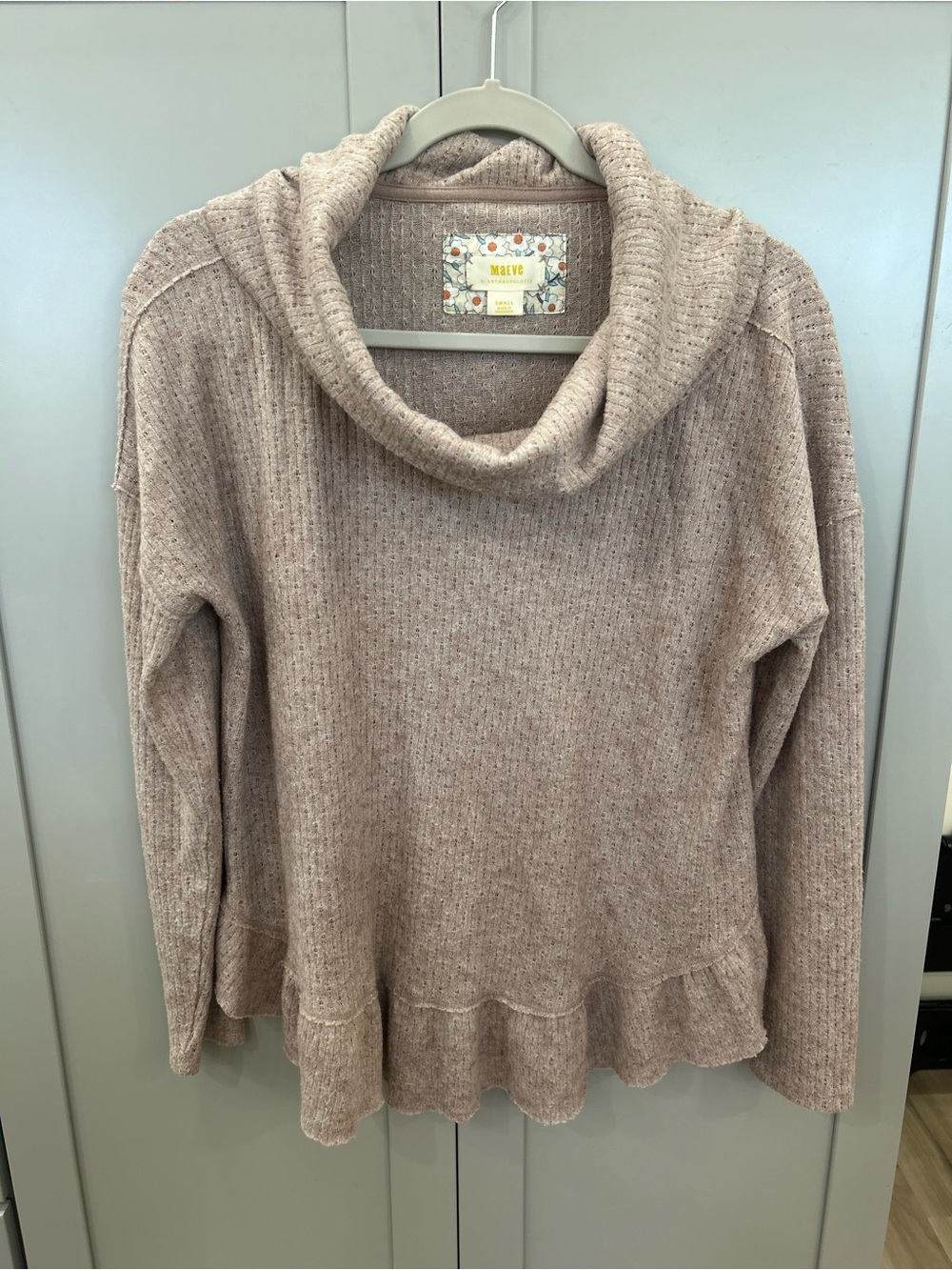 Maeve Anthropologie Dusty Mauve Cowl Neck Ruffle Hem Knit Sweater Size S
